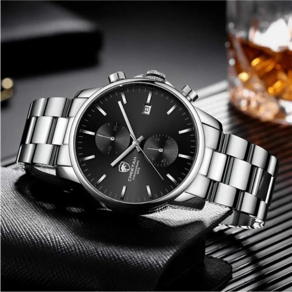 Stainless Steel Waterproof Chronograph Quartz Watch for Men Auto Date Silver NEW